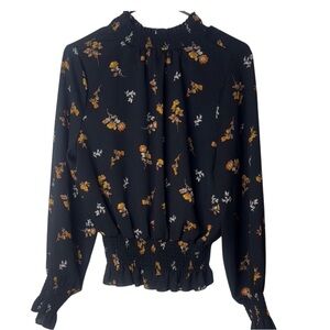 Blue Ruffled Long Sleeve Blouse with Mandarin Collar